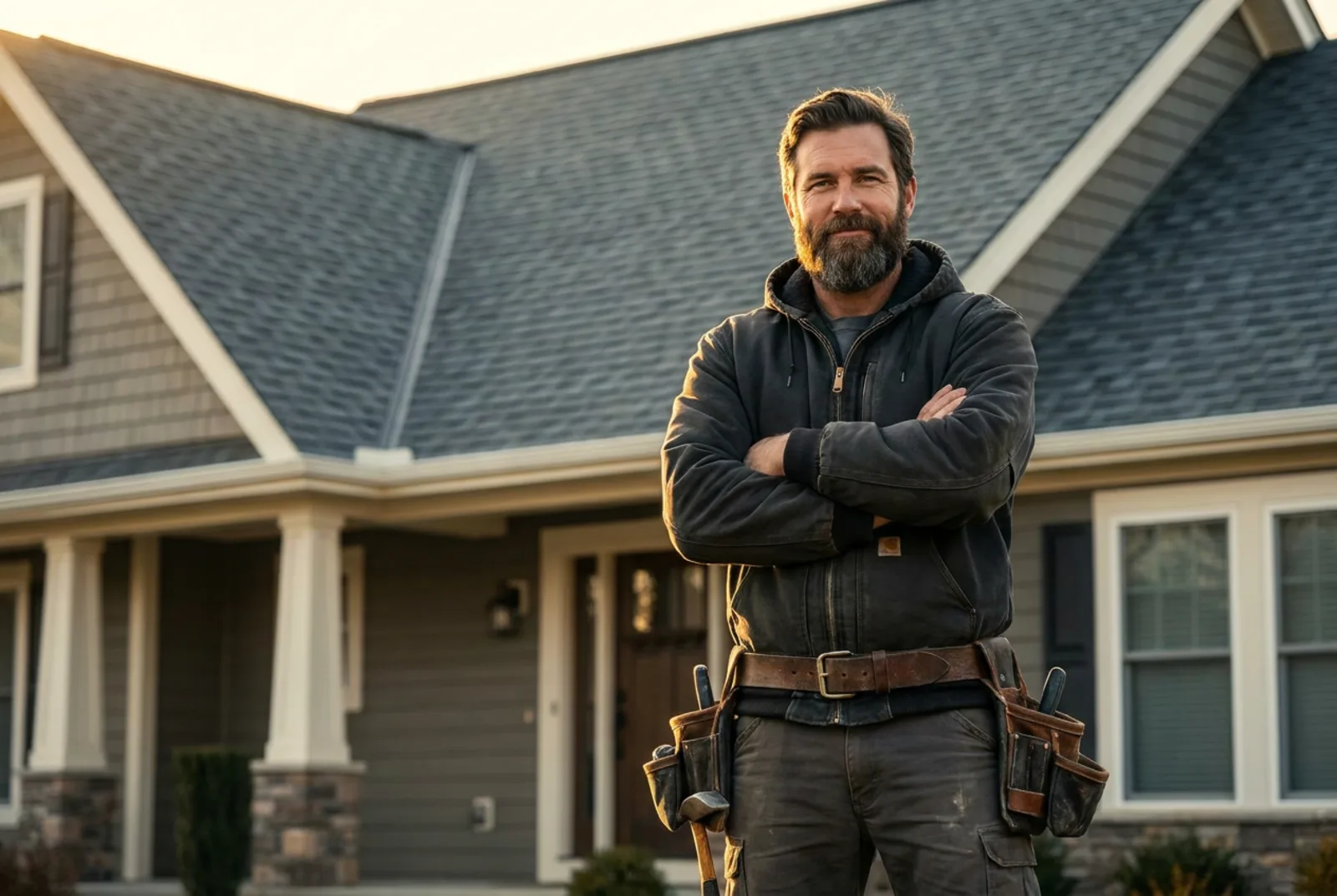 Roofing contractor in front of a completed roof